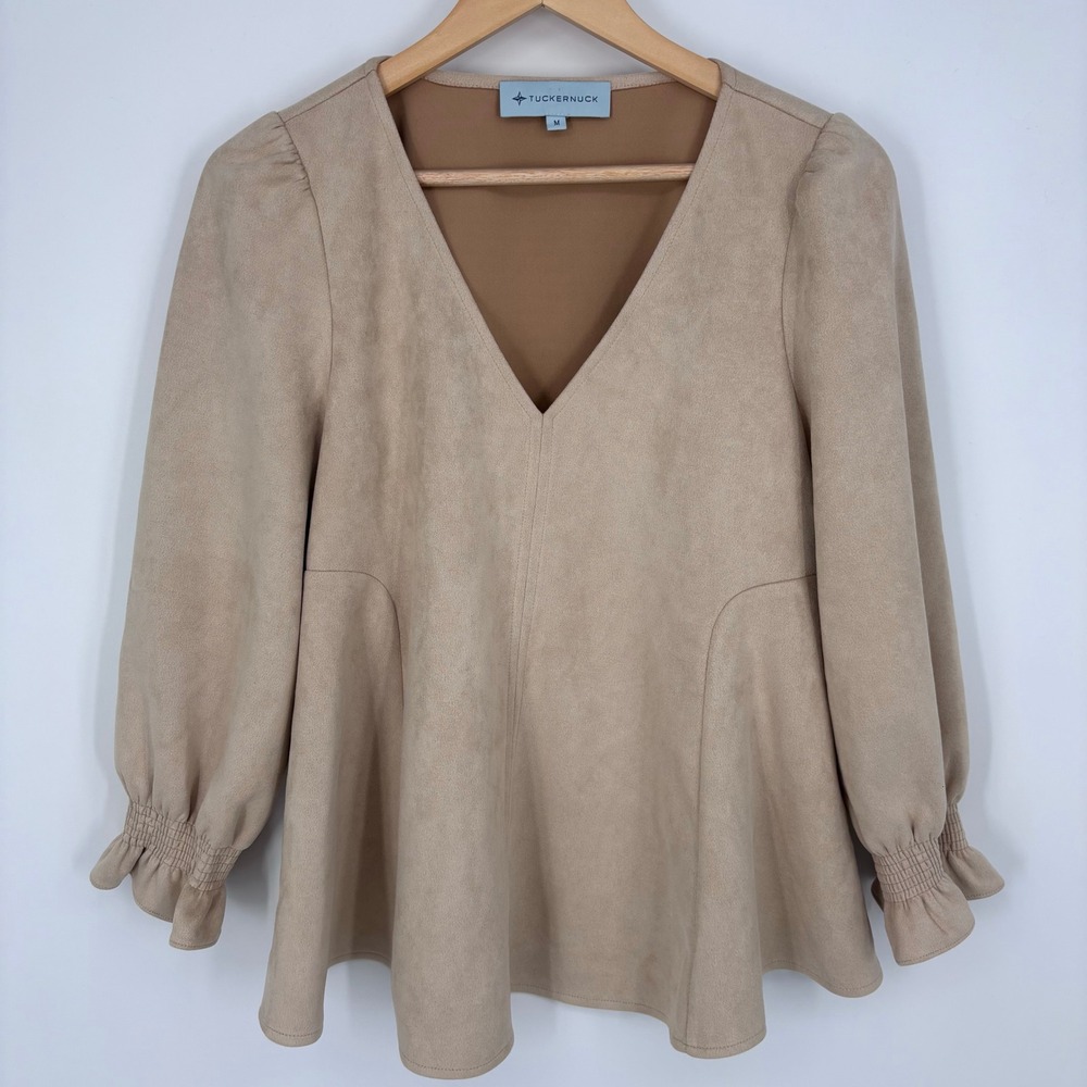 Tuckernuck Easton Faux Suede V-Neck Smocked Cuff Blouse Womens M Tan Peplum Top